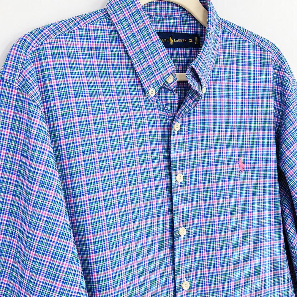 Ralph Lauren Cotton‎ Button Down Shirt Blue Green Pink Plaid Check XL Men's